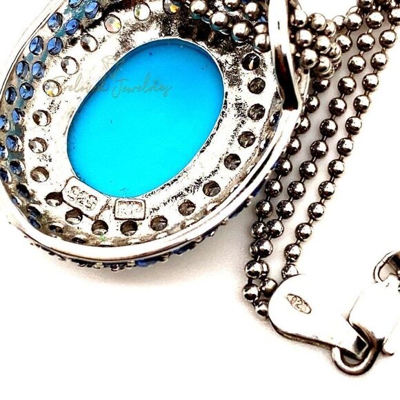 925 Turquoise/Cz/Sapphire Oval Pendant Necklace - Picture 7 of 11